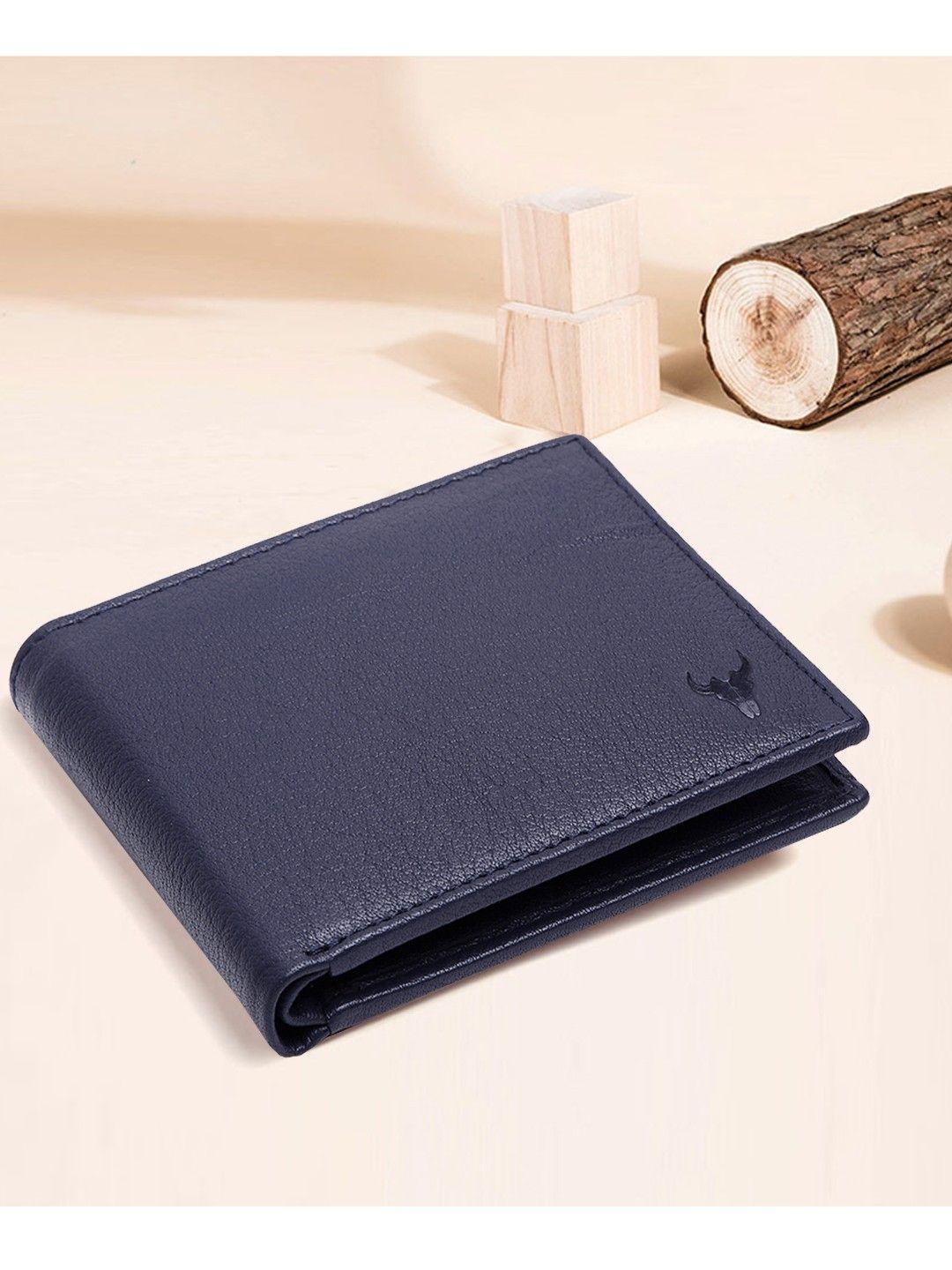 napa hide men navy blue solid leather two fold wallet