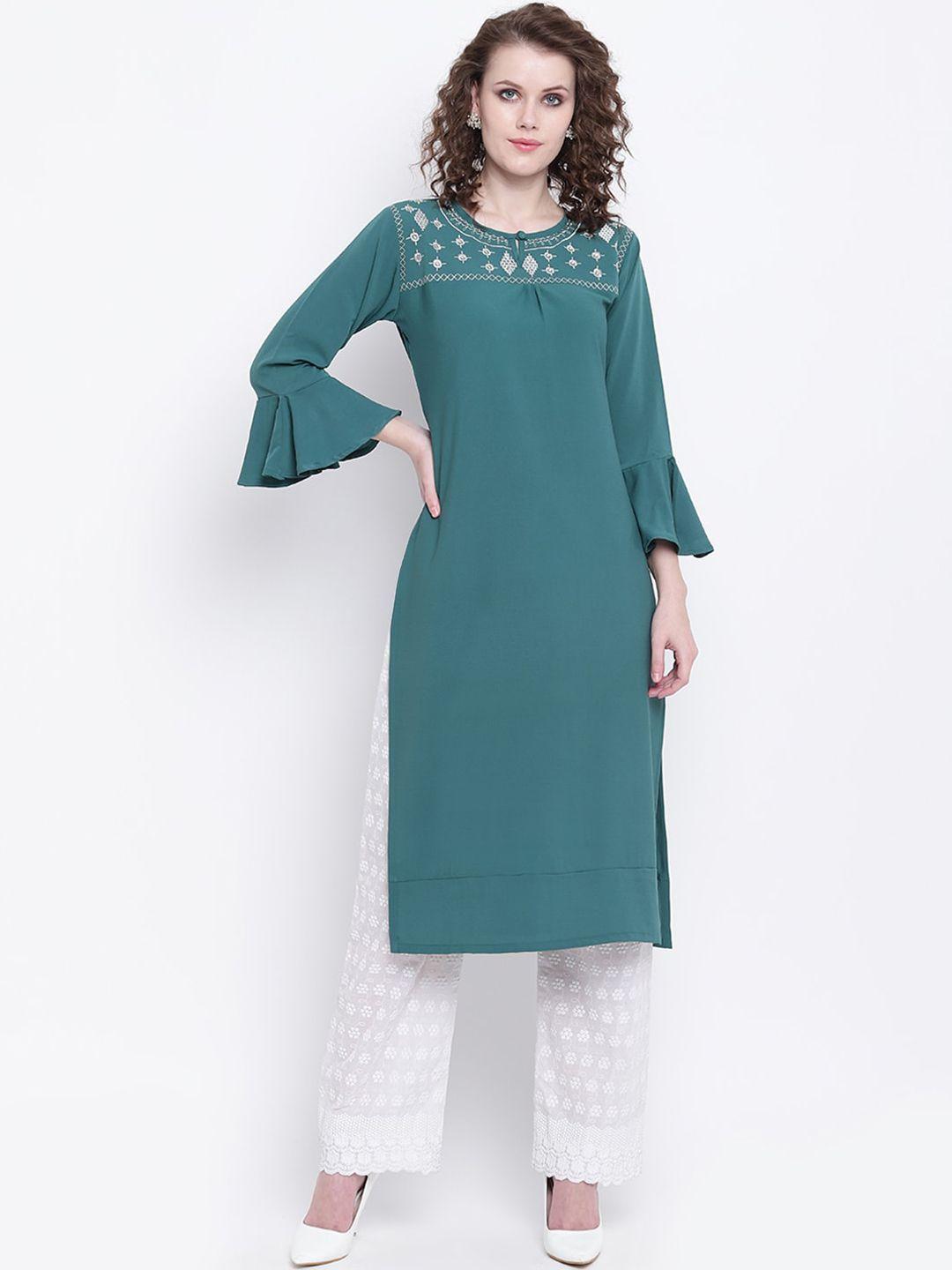 napra women green geometric yoke design embroidered flared sleeves georgette kurta
