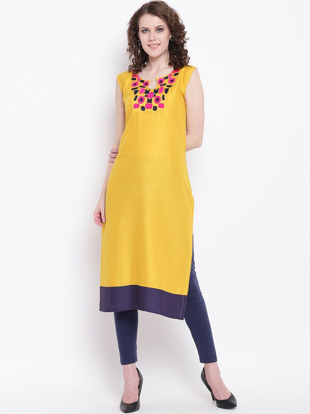 napra women mustard yellow floral embroidered thread work kurta
