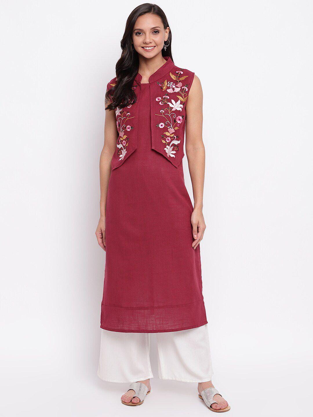 napra floral embroidered a-line cotton kurta with attached jacket