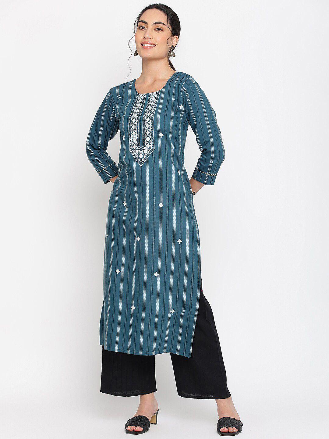 napra striped round neck thread work cotton straight kurta