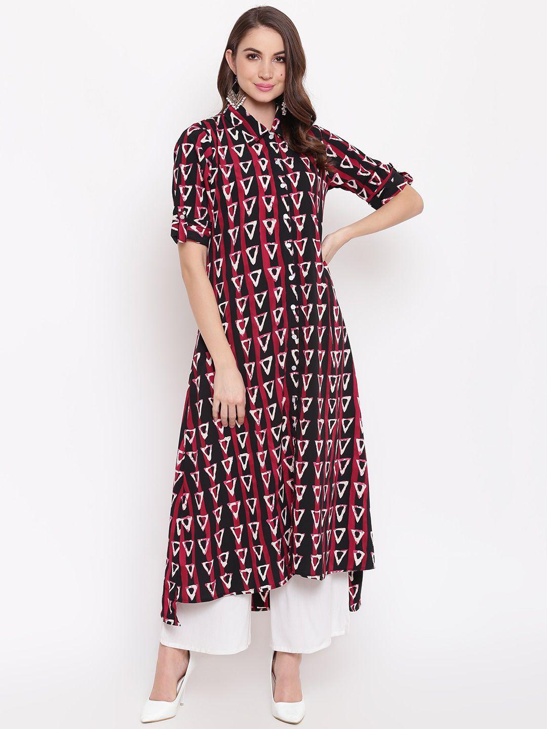 napra women black & red ethnic motifs printed georgette kurta