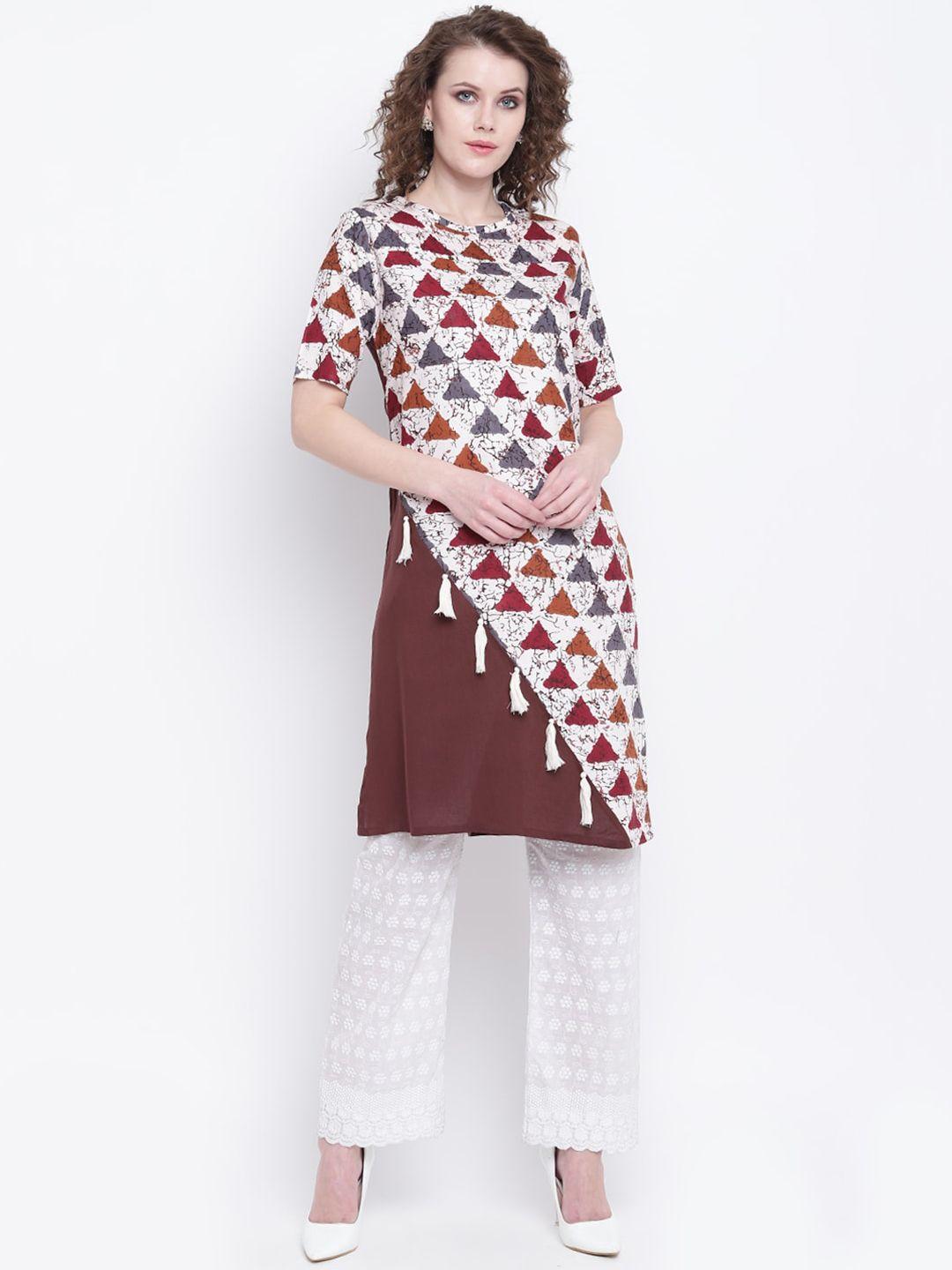 napra women brown & off white geometric printed kurta