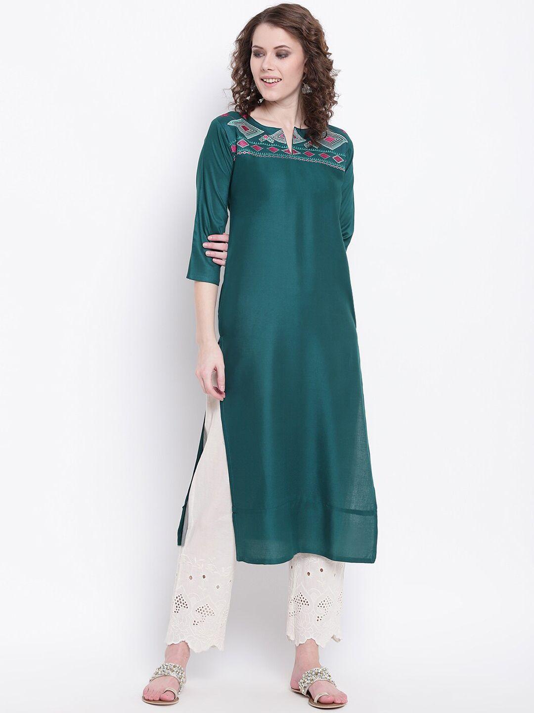 napra women green embroidered straight kurta