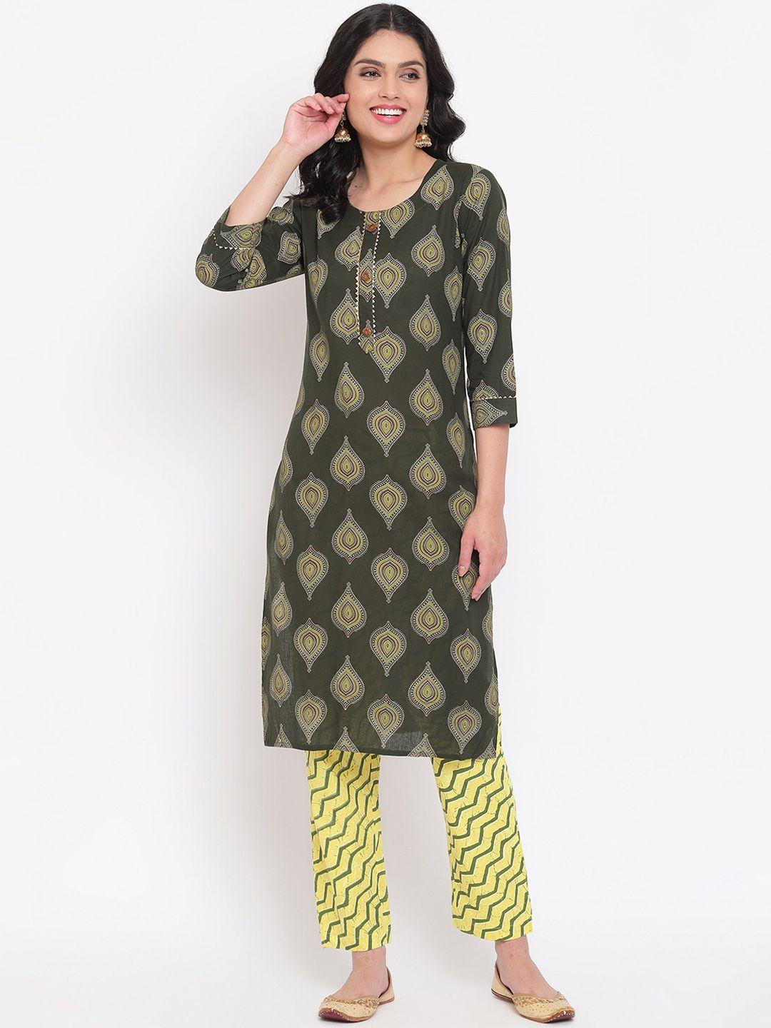 napra women green printed regular pure cotton kurta with trousers