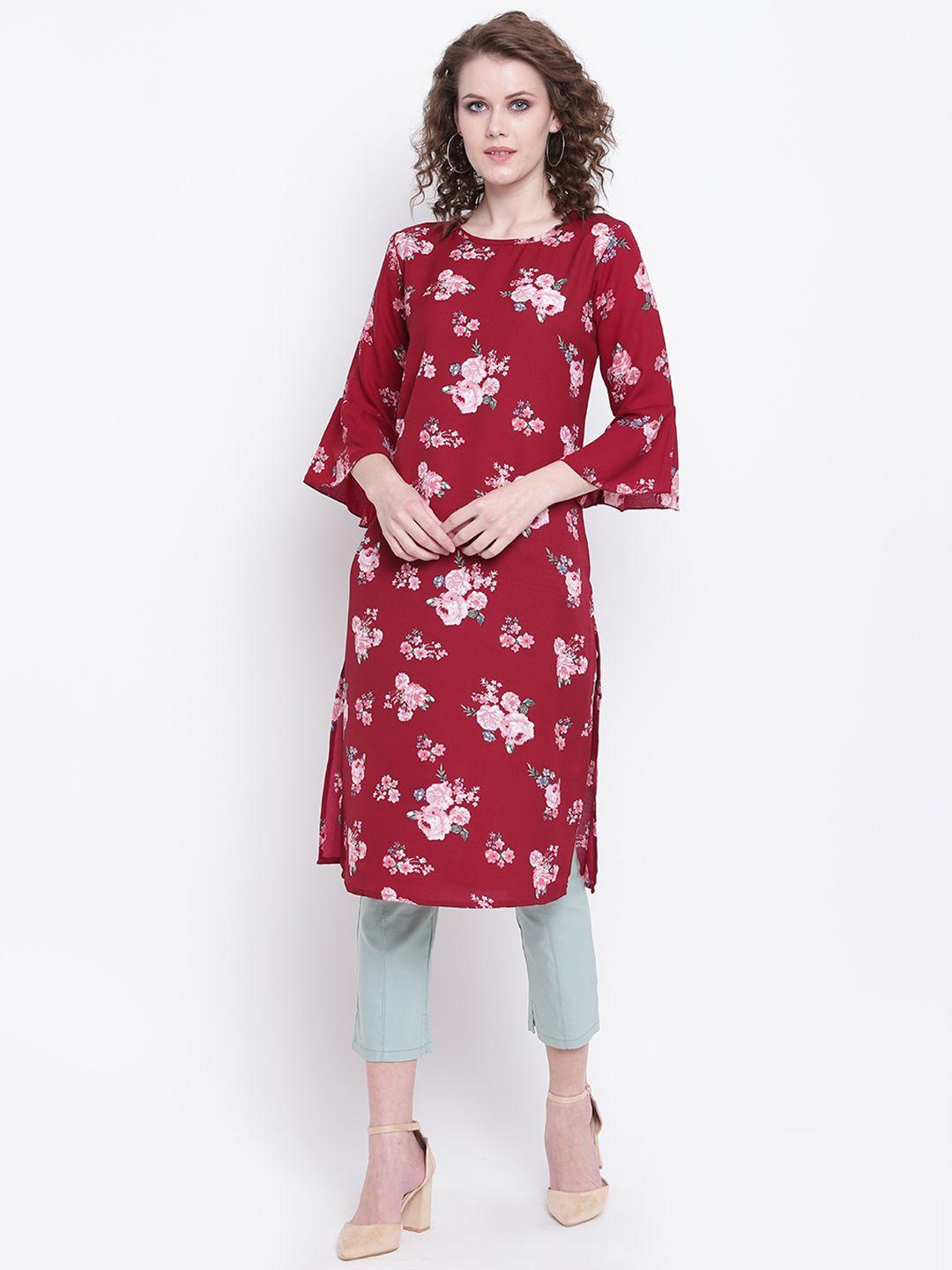 napra women maroon & pink floral print straight kurta