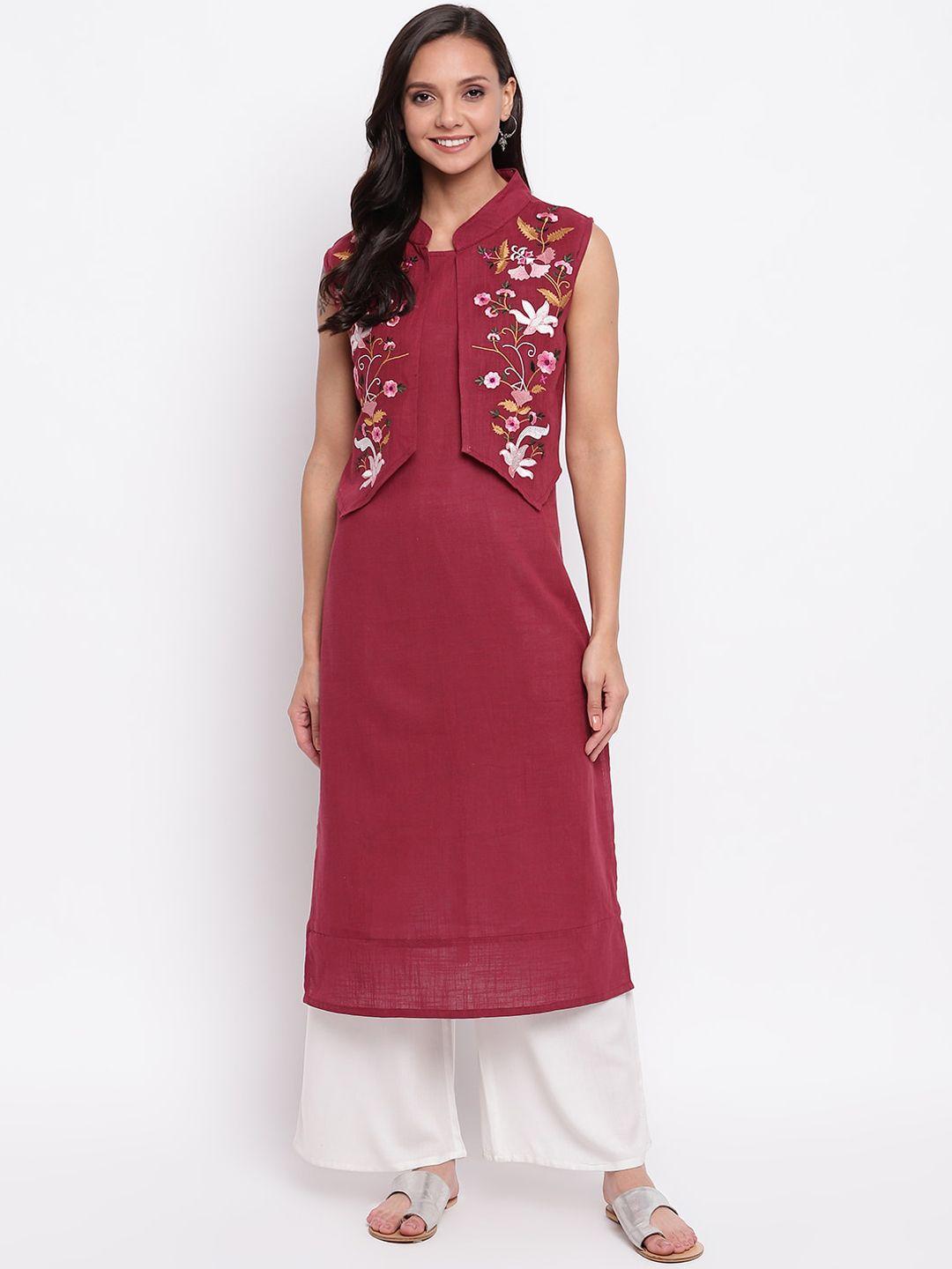 napra women maroon & pink floral yoke design thread work kurta