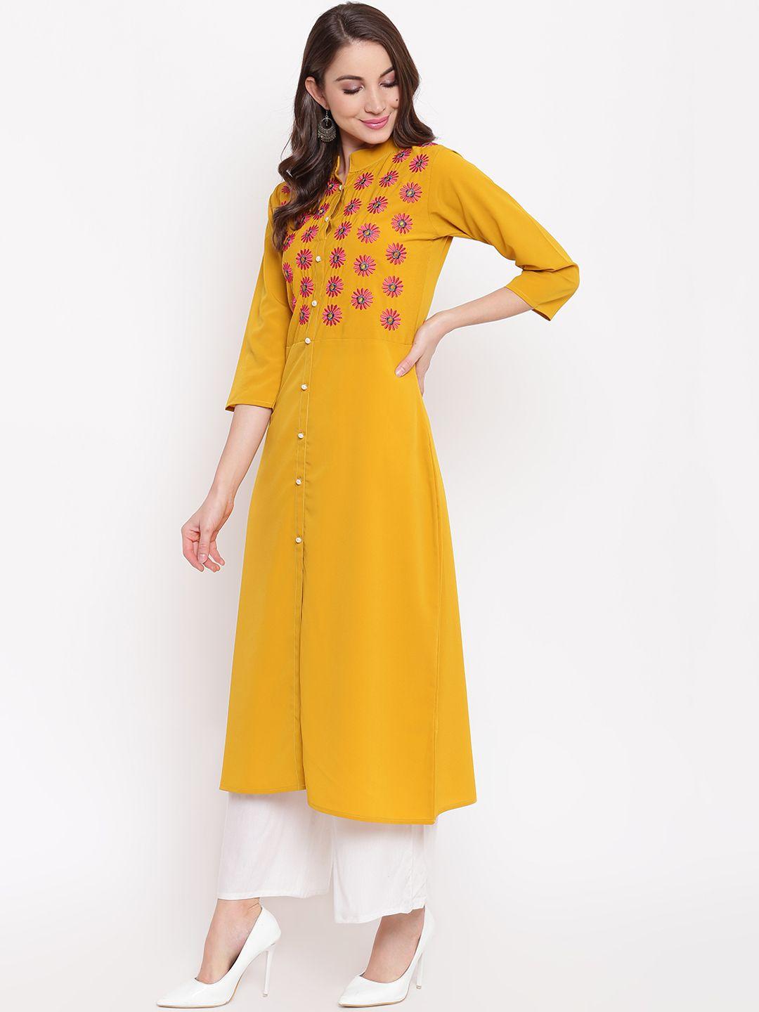 napra women mustard yellow embroidered straight kurta