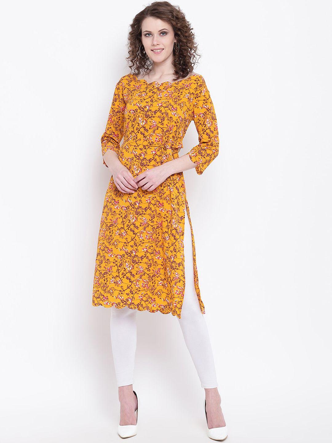 napra women mustard yellow floral printed crepe kurta