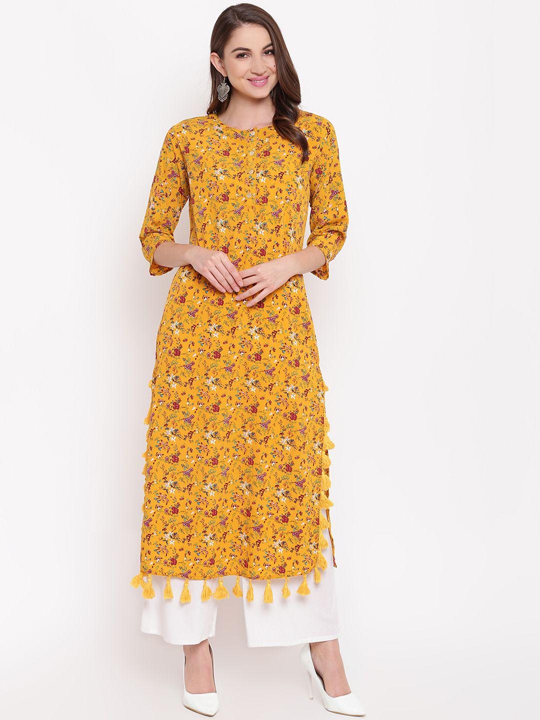 napra women mustard yellow floral printed straight kurta