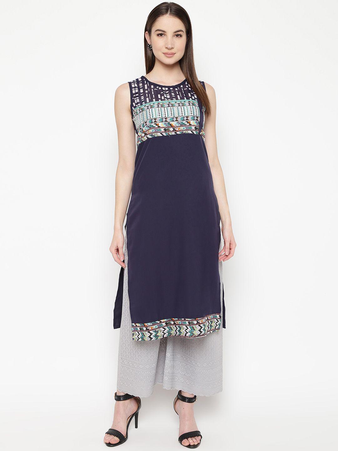 napra women navy blue & brown printed straight kurta