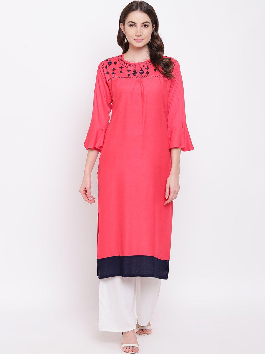 napra women pink geometric embroidered keyhole neck bell sleeves thread work kurta