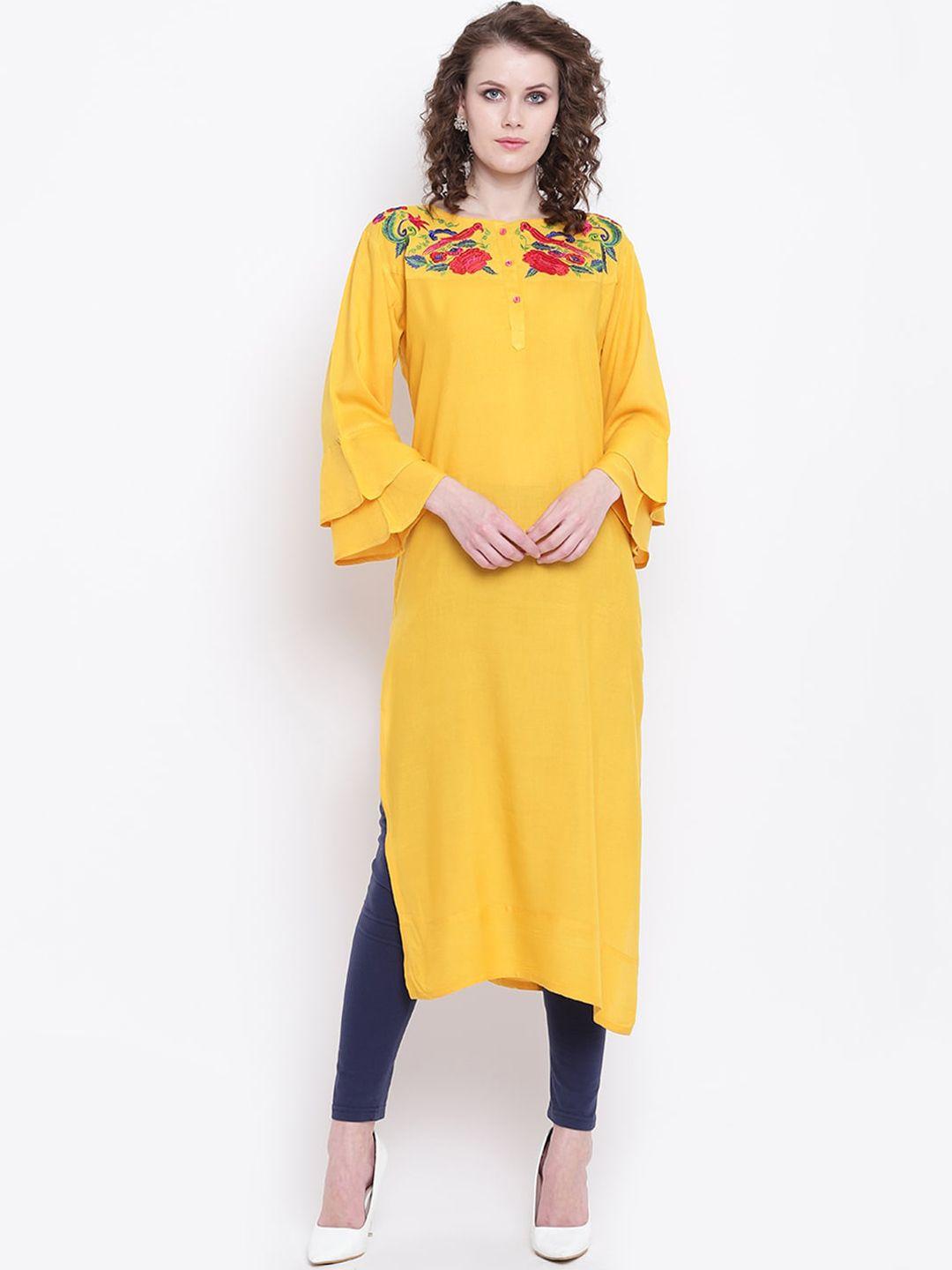 napra women yellow floral embroidered flared sleeves georgette kurta