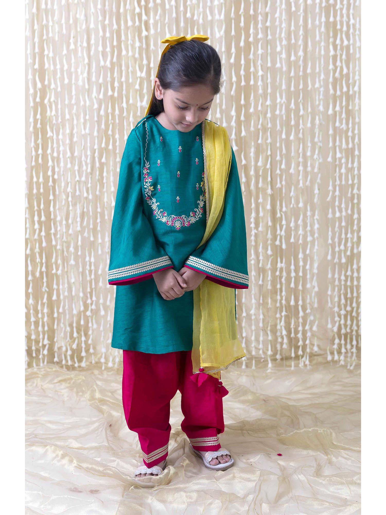 nargis silk kurta & salwar with dupatta for girls green (set of 3)