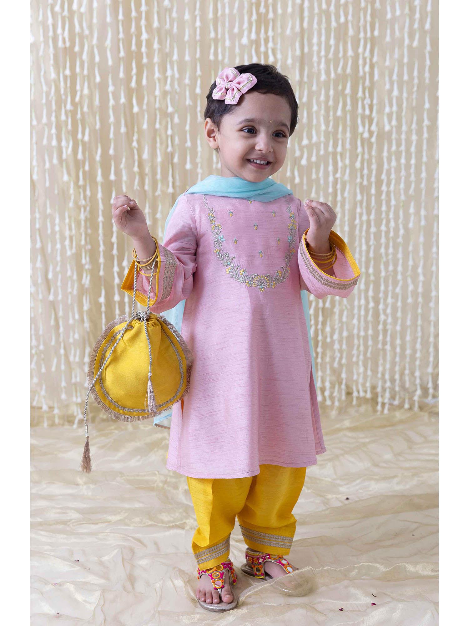 nargis silk kurta & salwar with dupatta for girls pink (set of 3)