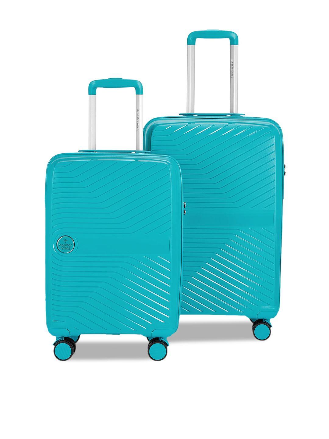 nasher miles set of 2 teal blue textured hard sided trolley suitcases