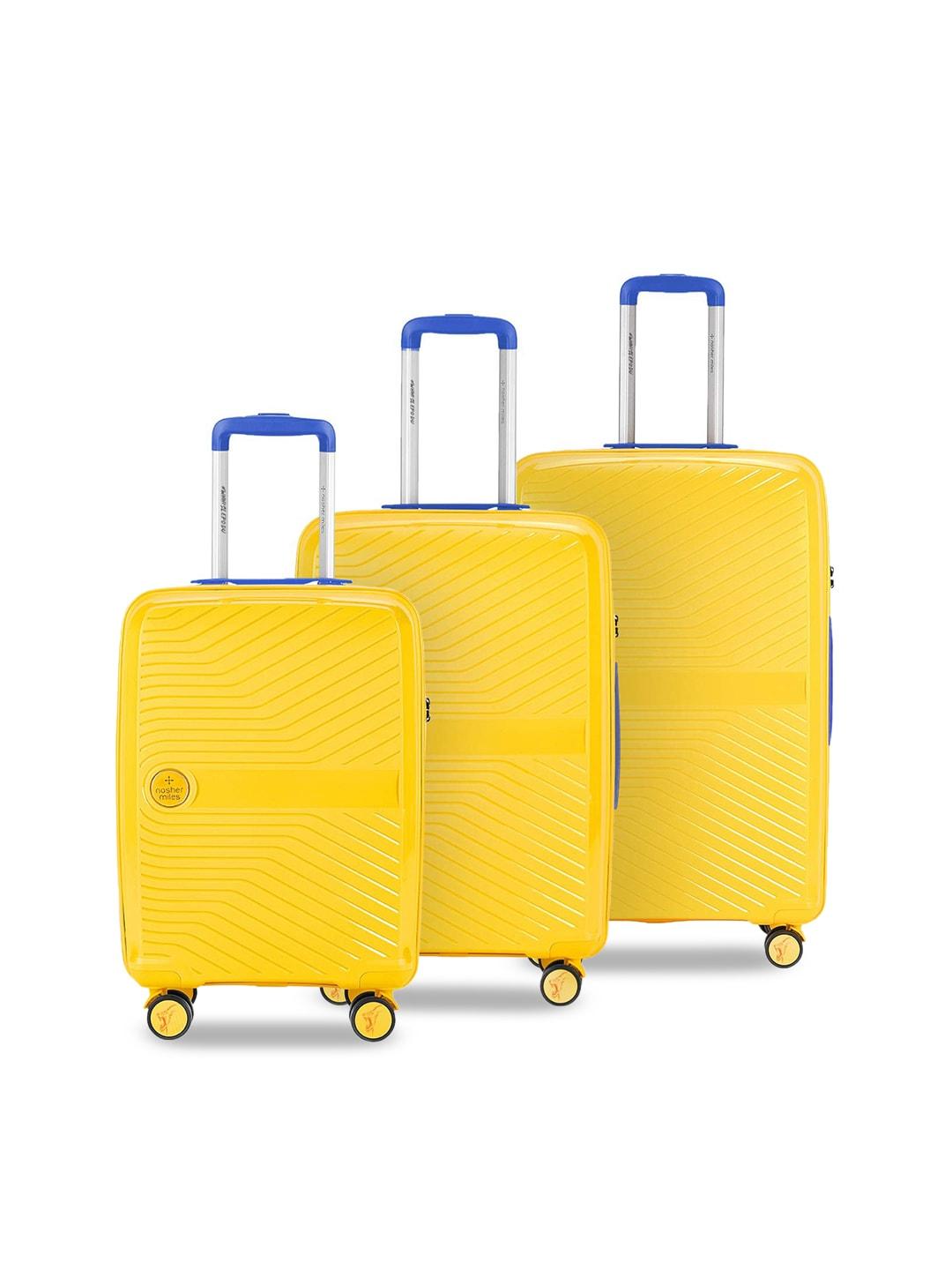 nasher miles set of 3 yellow textured hard sided trolley suitcase