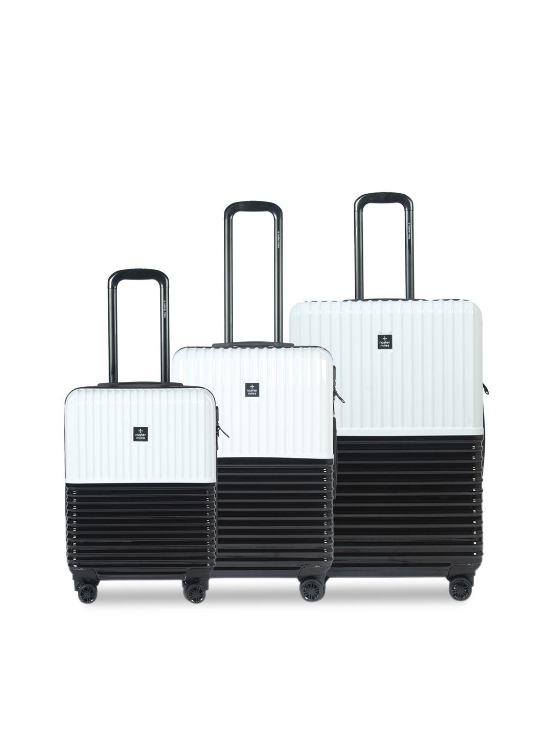 nasher miles unisex set of 3 white & black colourblocked istanbul hard-sided trolley suitcases