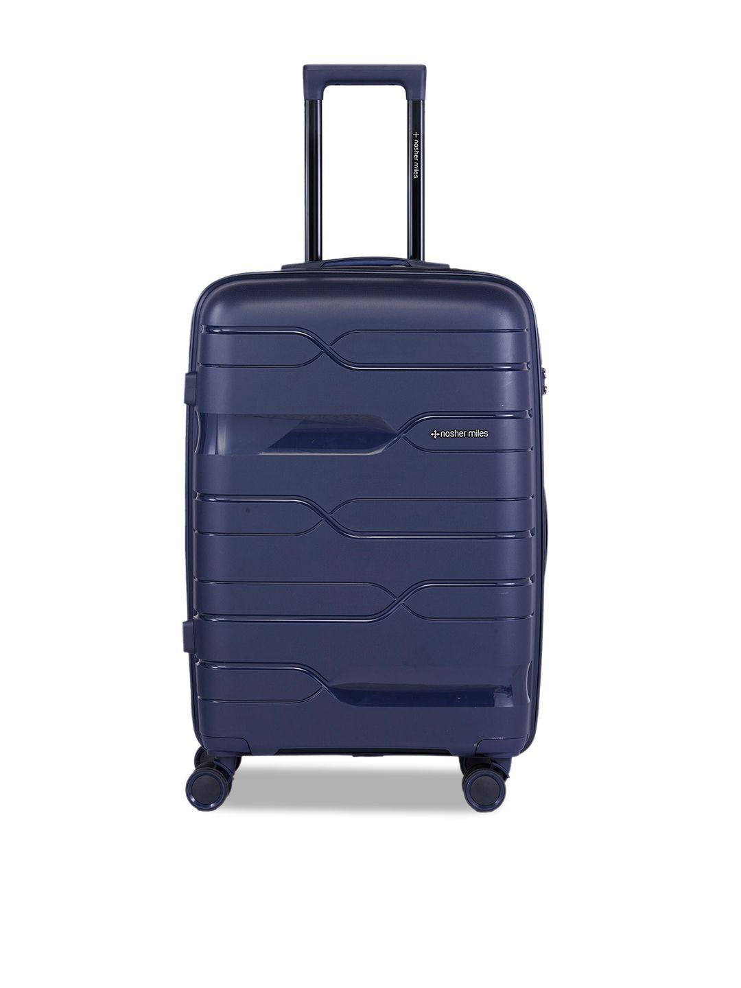 nasher miles navy blue textured hard-sided medium trolley suitcase