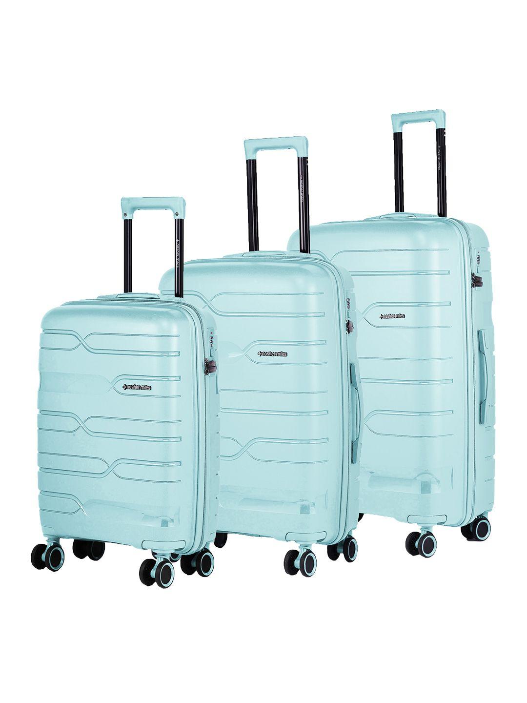 nasher miles set of 3 green textured hard-sided cabin trolley suitcase