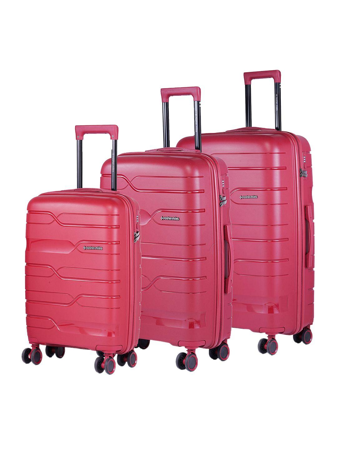 nasher miles set of 3 maroon textured hard-sided cabin trolley suitcase