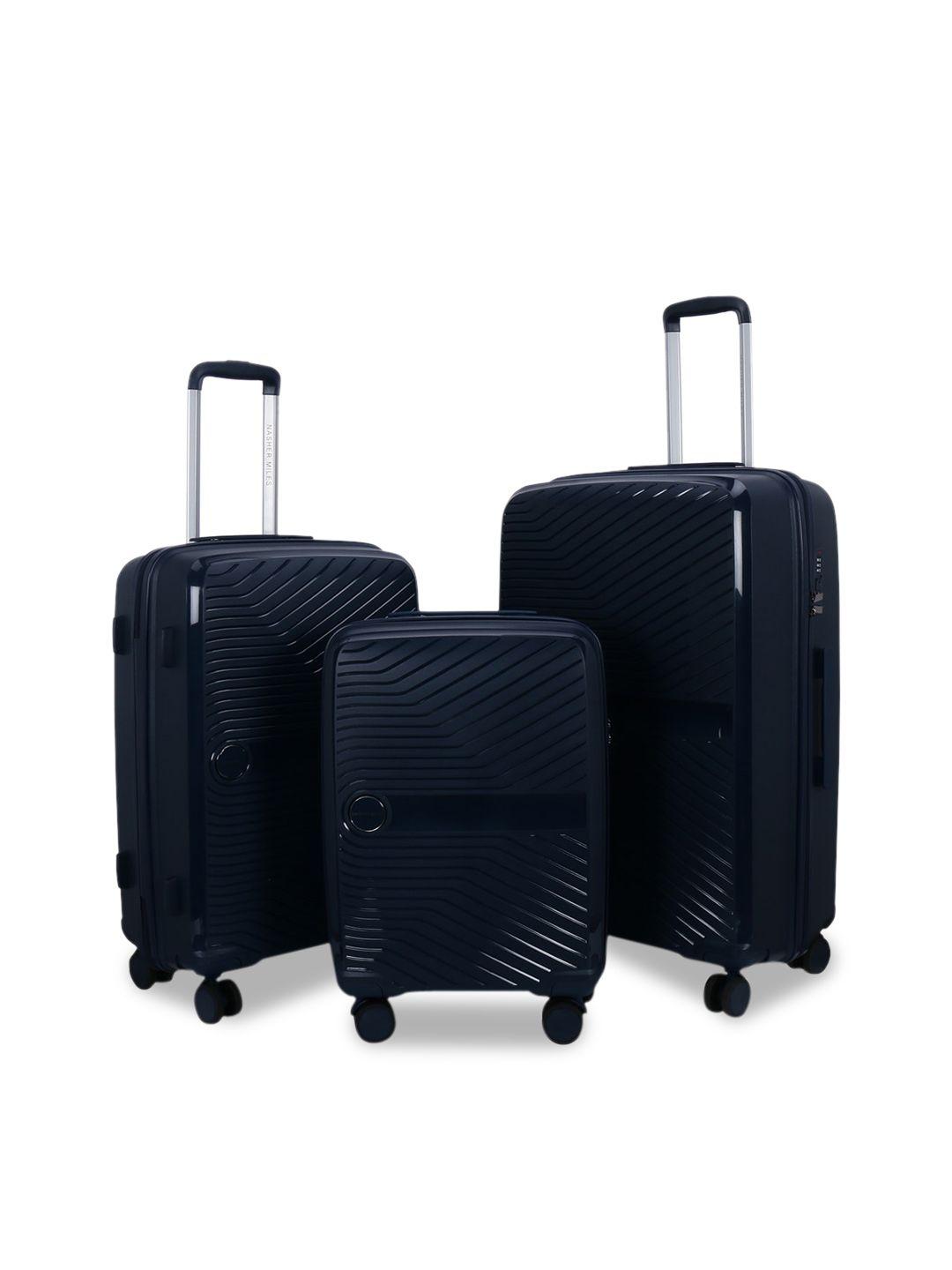 nasher miles set of 3 navy blue  textured hard-sided  trolley suitcase