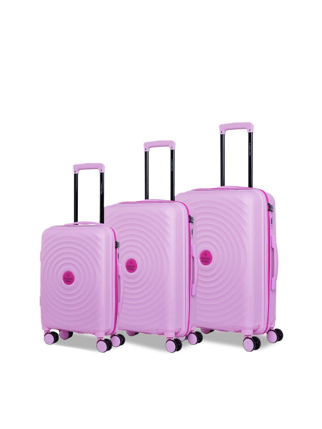 nasher miles set of 3 pink solid hard-sided trolley suitcase