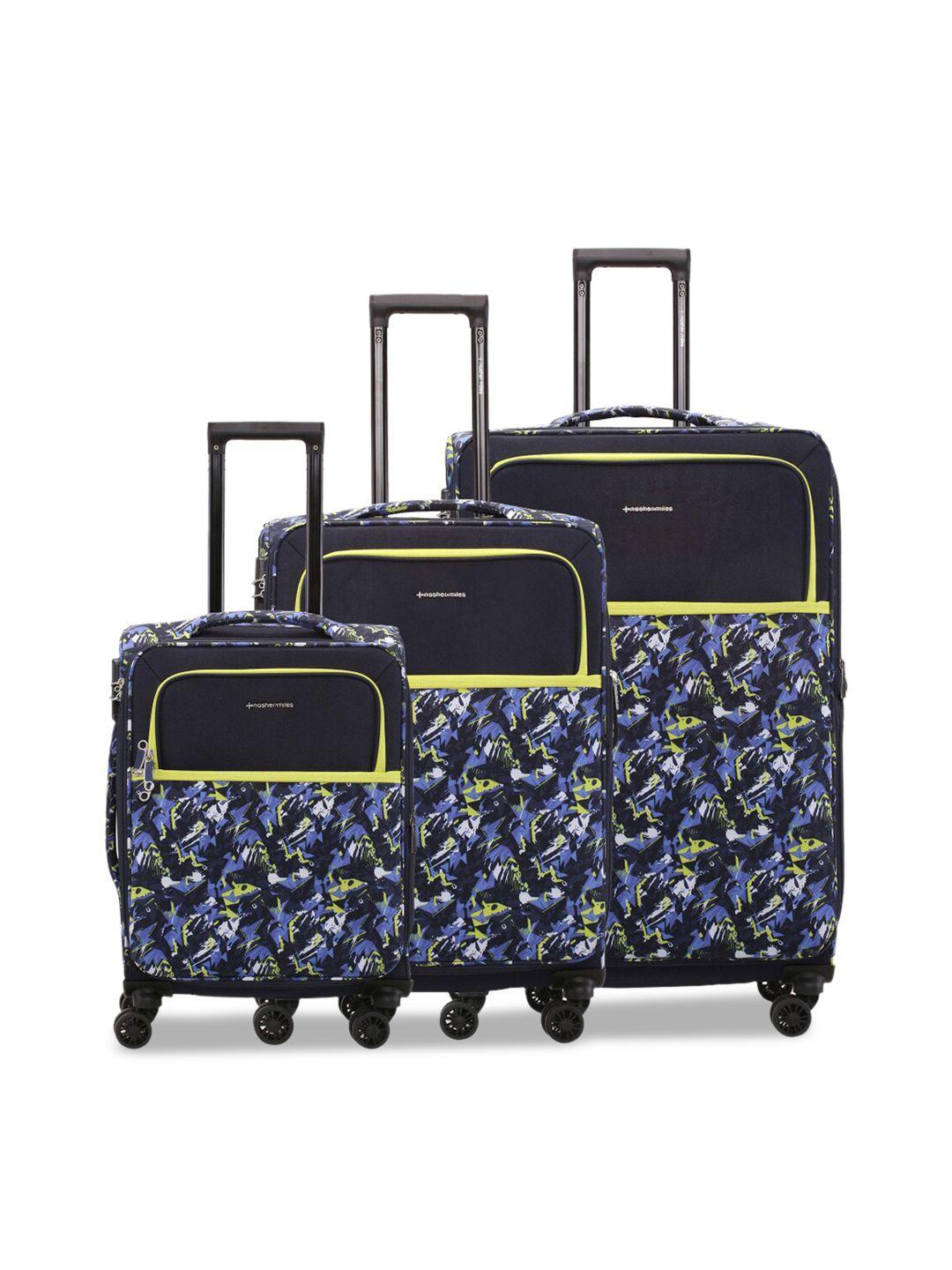 nasher miles unisex set of 3 printed water resistant soft-sided trolley suitcase