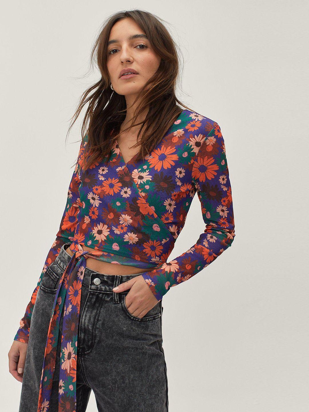 nasty gal blue & peach-coloured floral print tie front wrap crop top