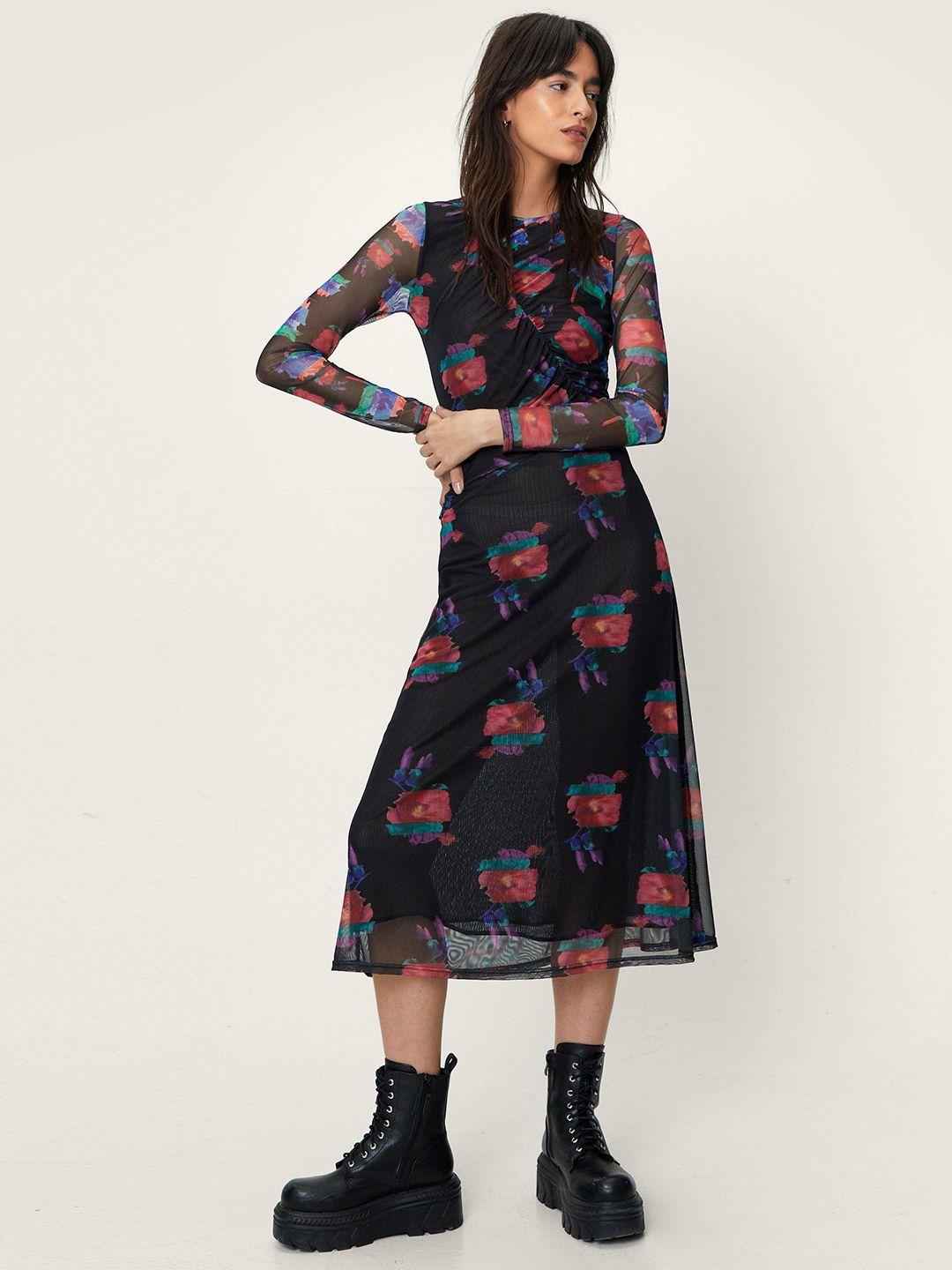 nasty gal floral print ruched a-line midi dress