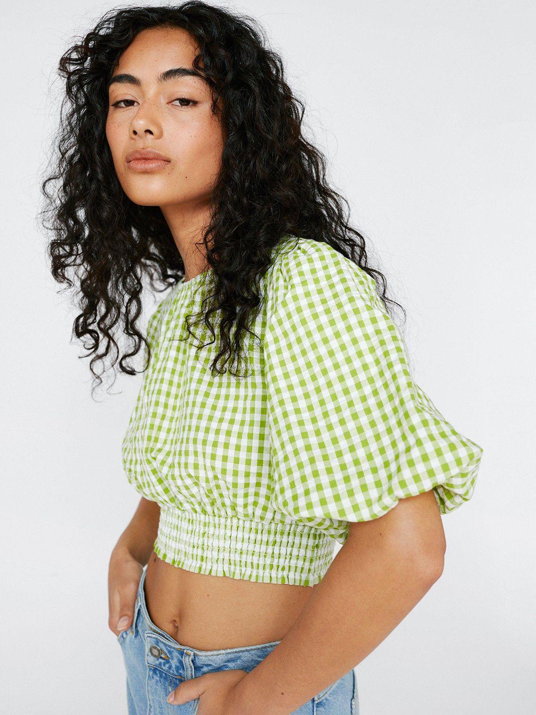 nasty gal green & white pure cotton checked blouson crop top