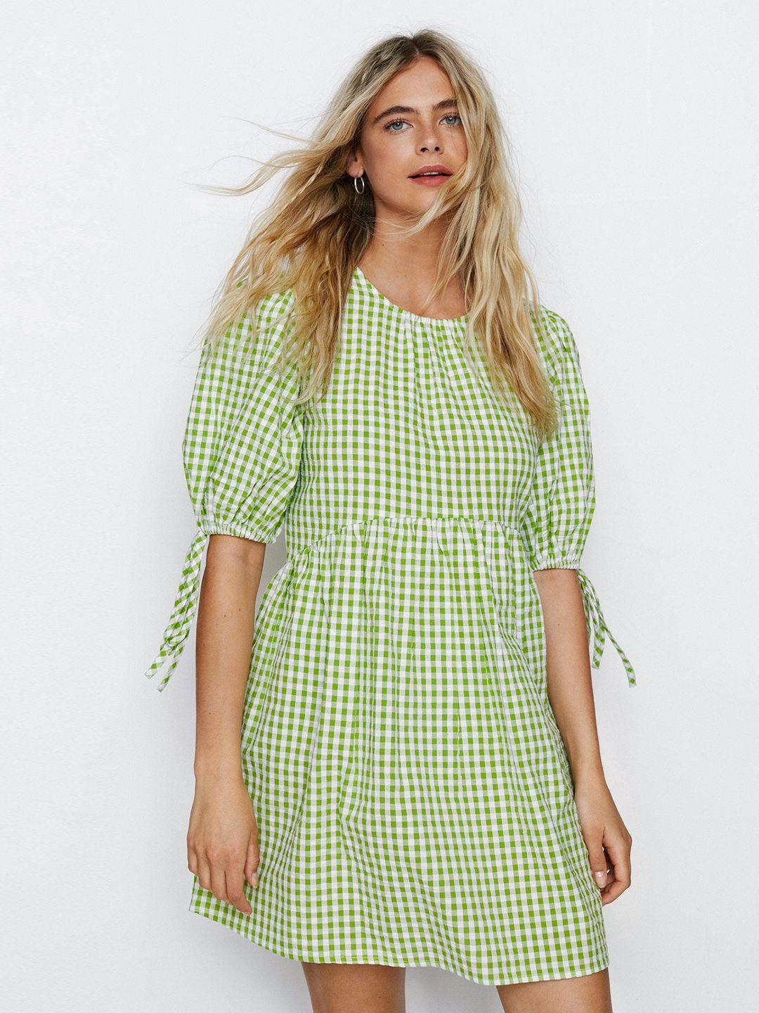 nasty gal green & white pure cotton gingham checked smocked mini dress