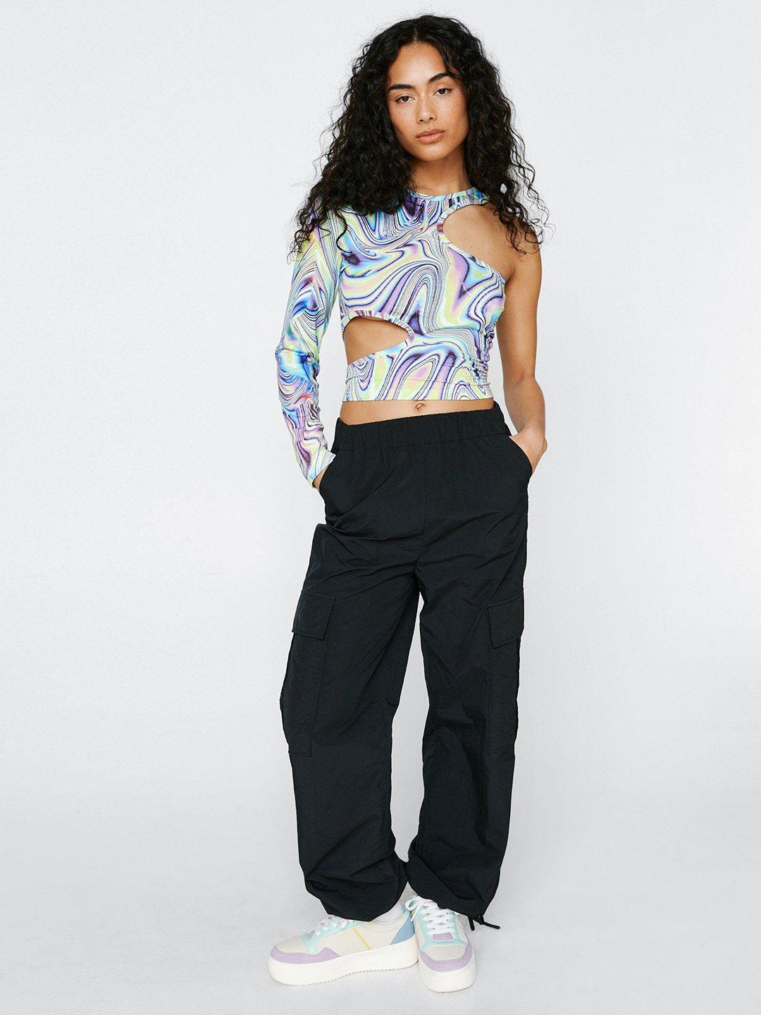 nasty gal multicoloured printed cut-out one shoulder crop top