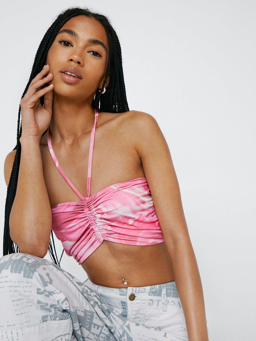 nasty gal pink & off white printed halter neck bandeau crop top