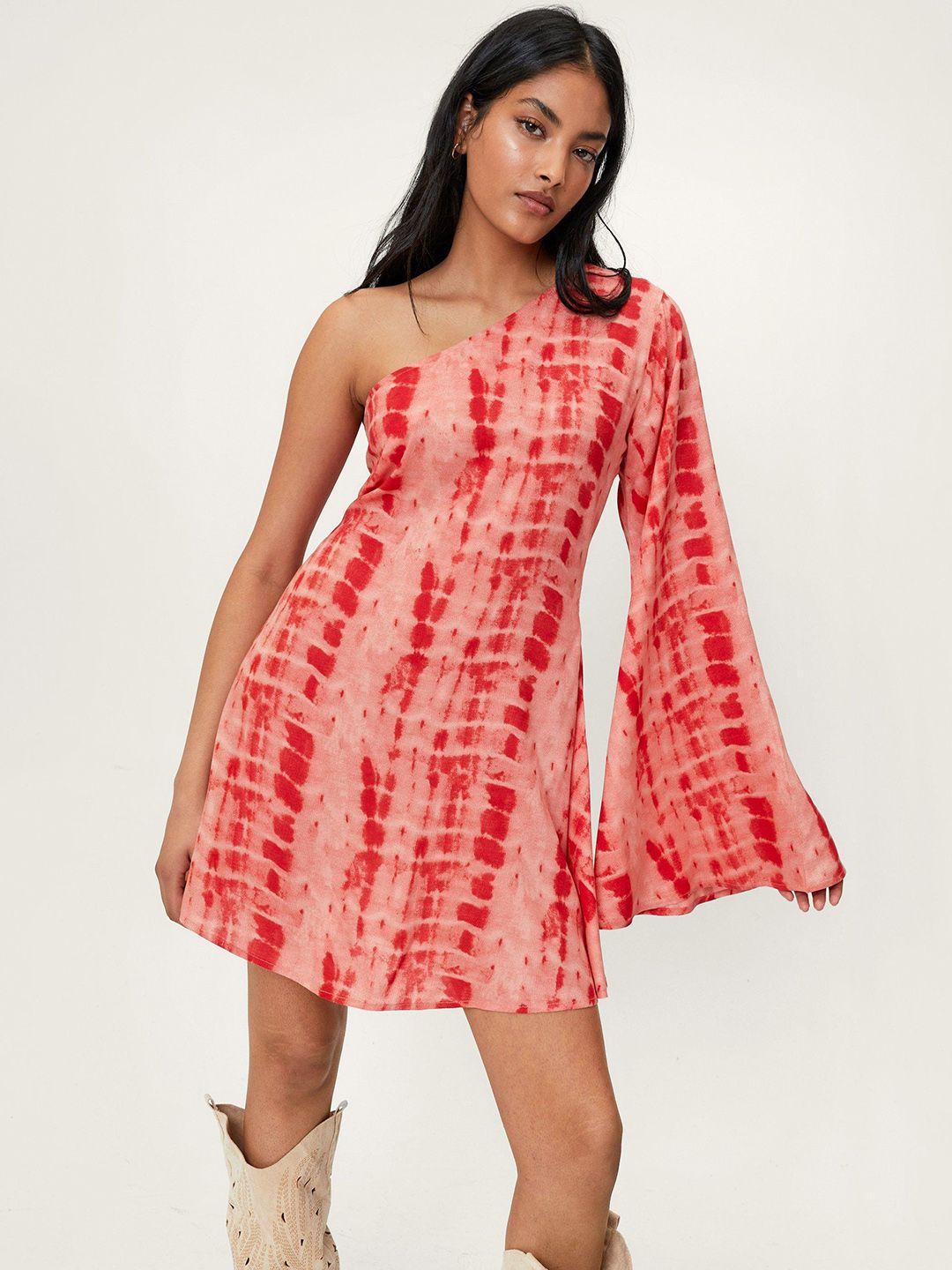 nasty gal pink & red tie and dye dyed one shoulder a-line mini dress