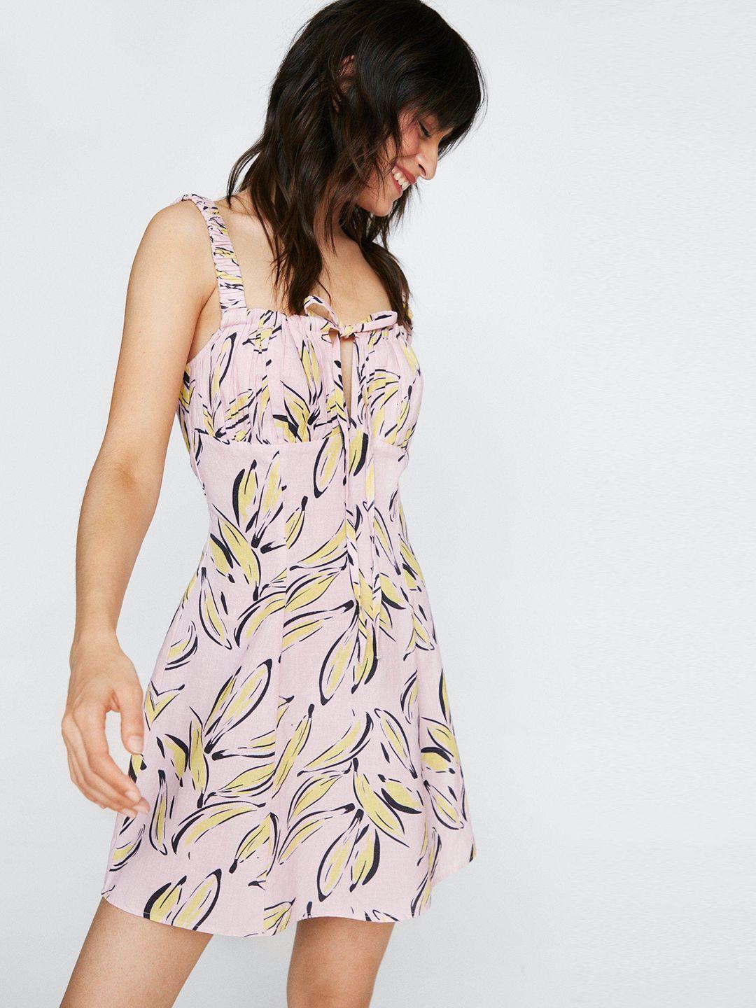 nasty gal pink & yellow cotton linen banana print ruched front a-line mini dress