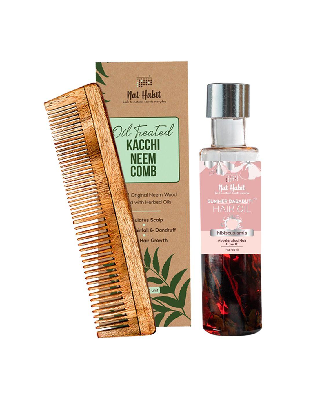 nat habit set of oil treated kacchi neem comb & summer dasabuti hibiscus hair oil (100ml)