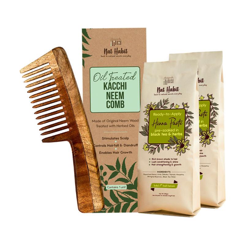 nat habit wide tooth kacchi neem comb & ready-to-apply henna paste pre-soaked in black tea & herbs