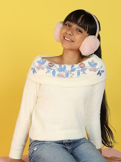 natilene kids white embroidered full sleeves sweater