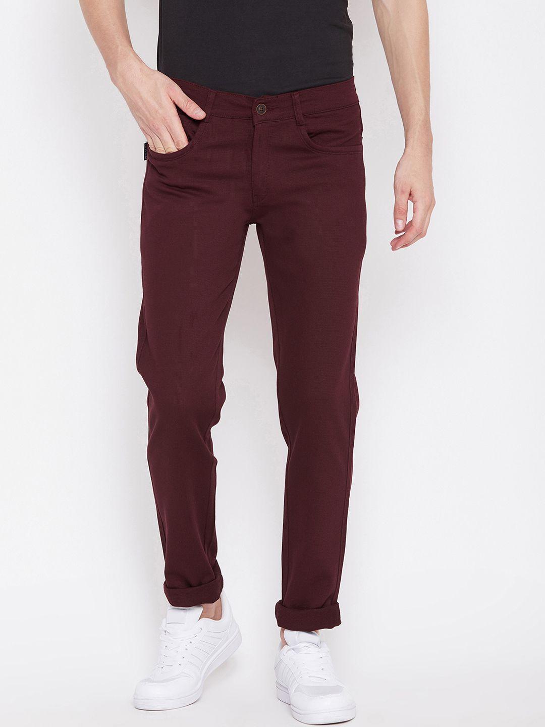 nation polo club men maroon skinny fit solid regular trousers