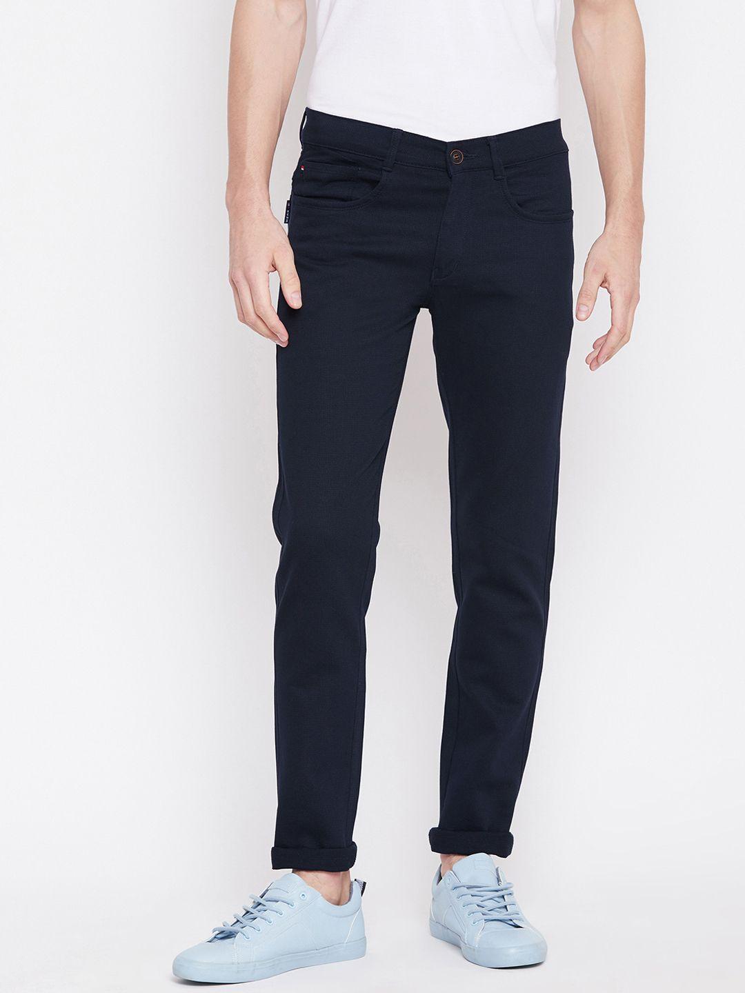 nation polo club men navy blue skinny fit solid regular trousers