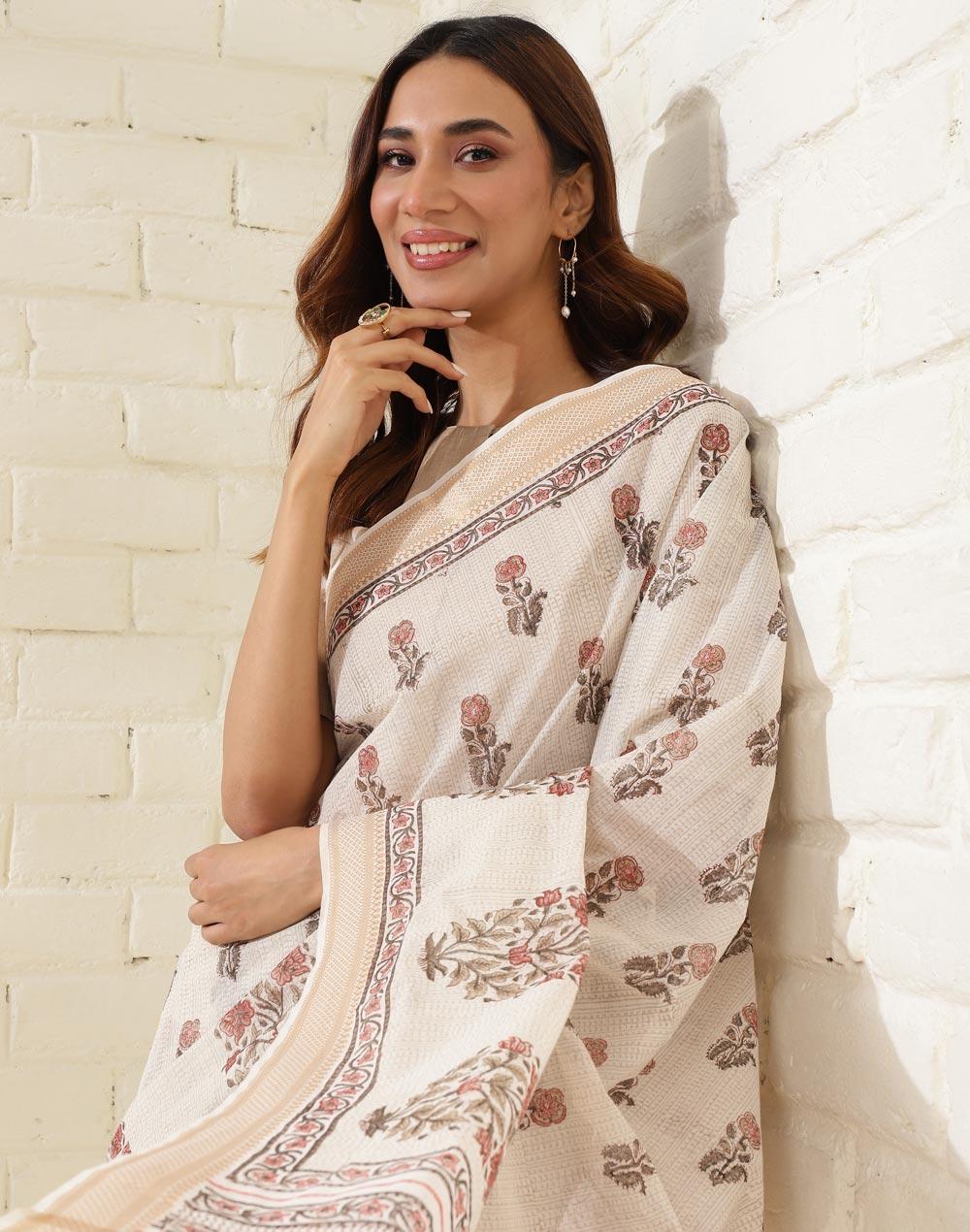 natural cotton blend hand block printed sari