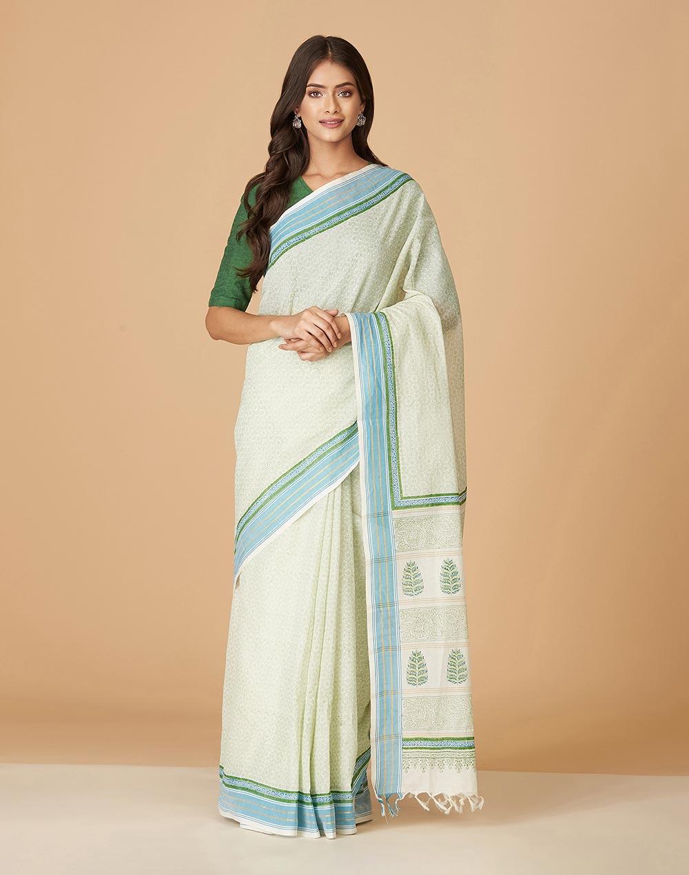 natural cotton hand block printed sari