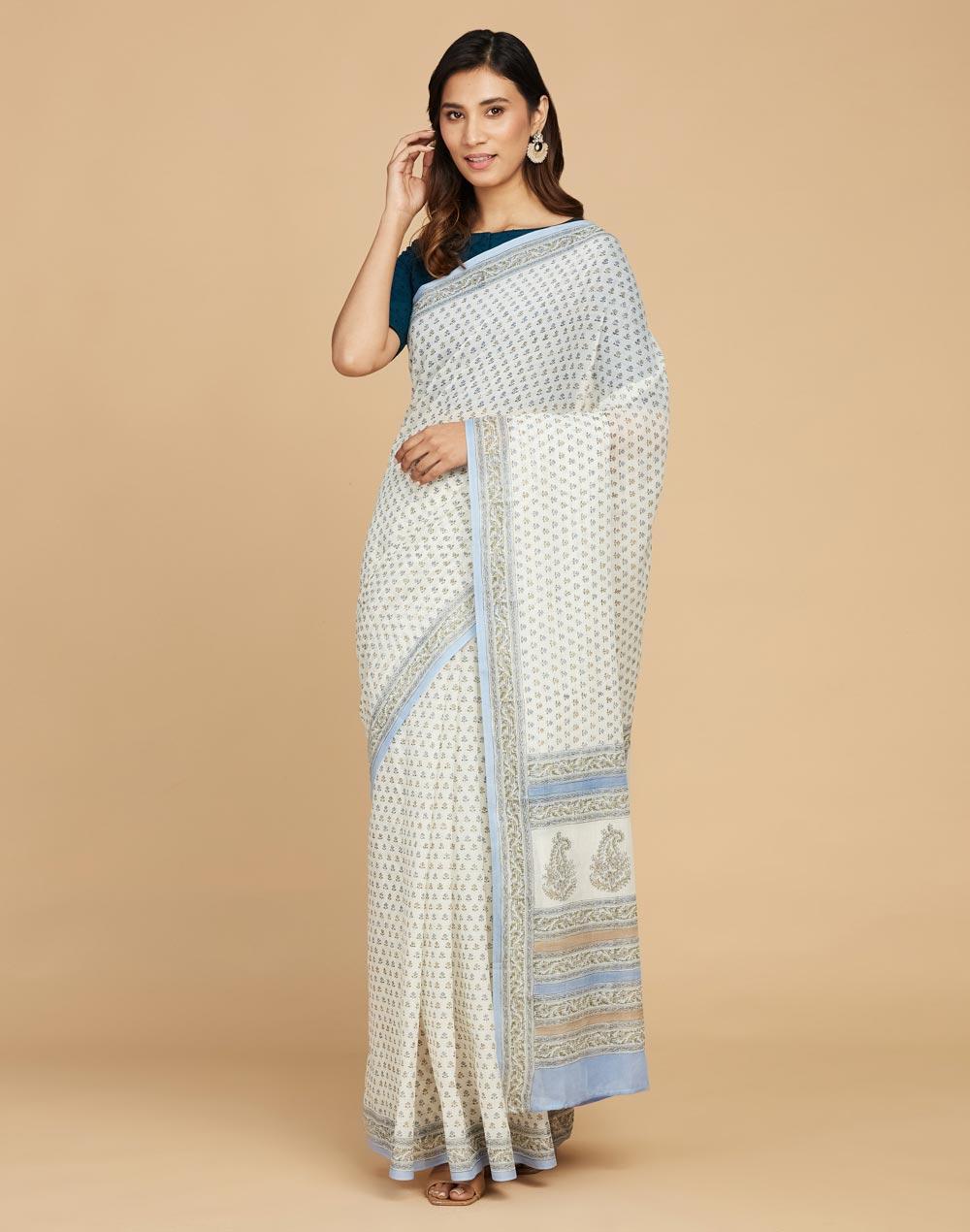 natural cotton hand block printed sari