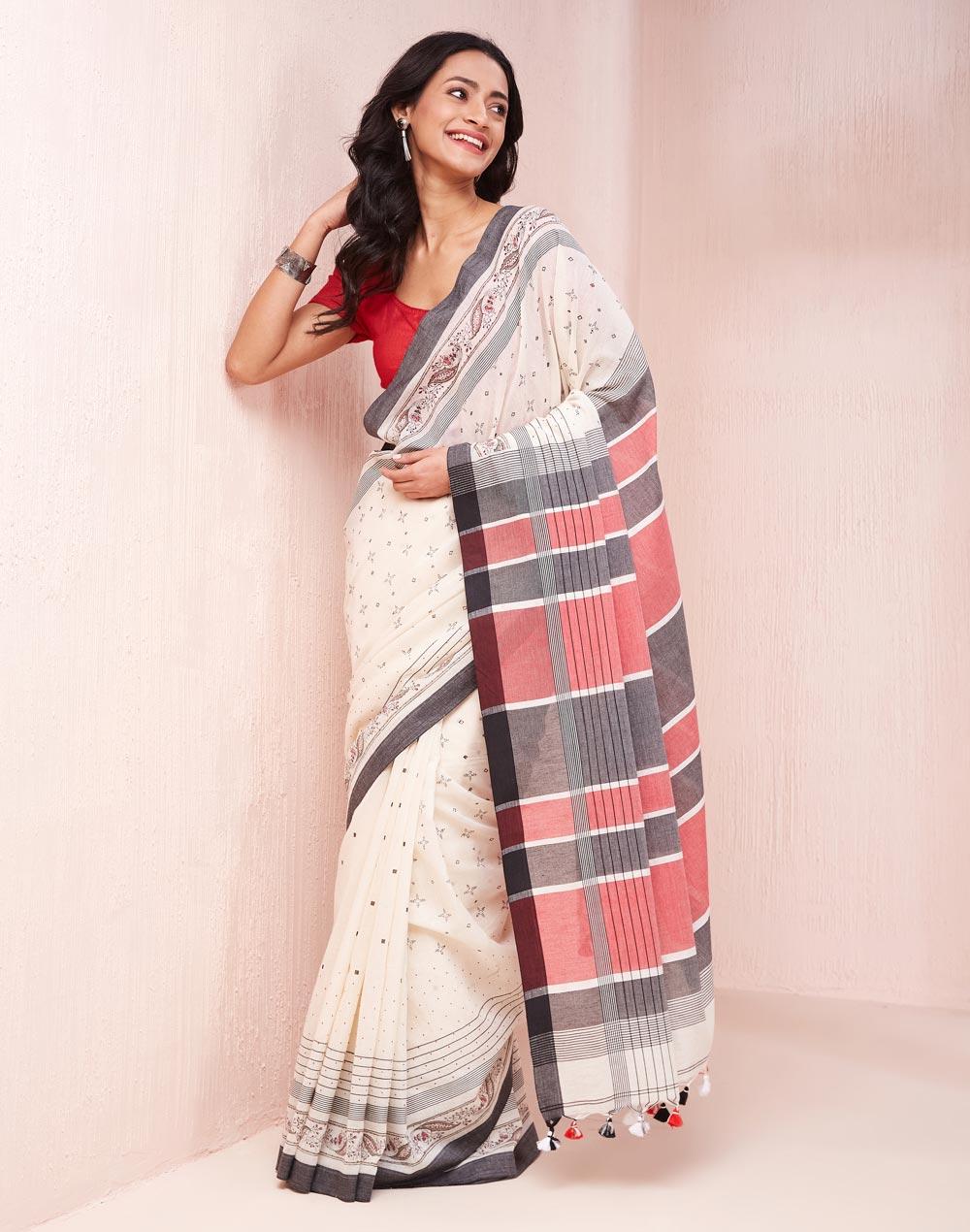 natural cotton hand block printed sari