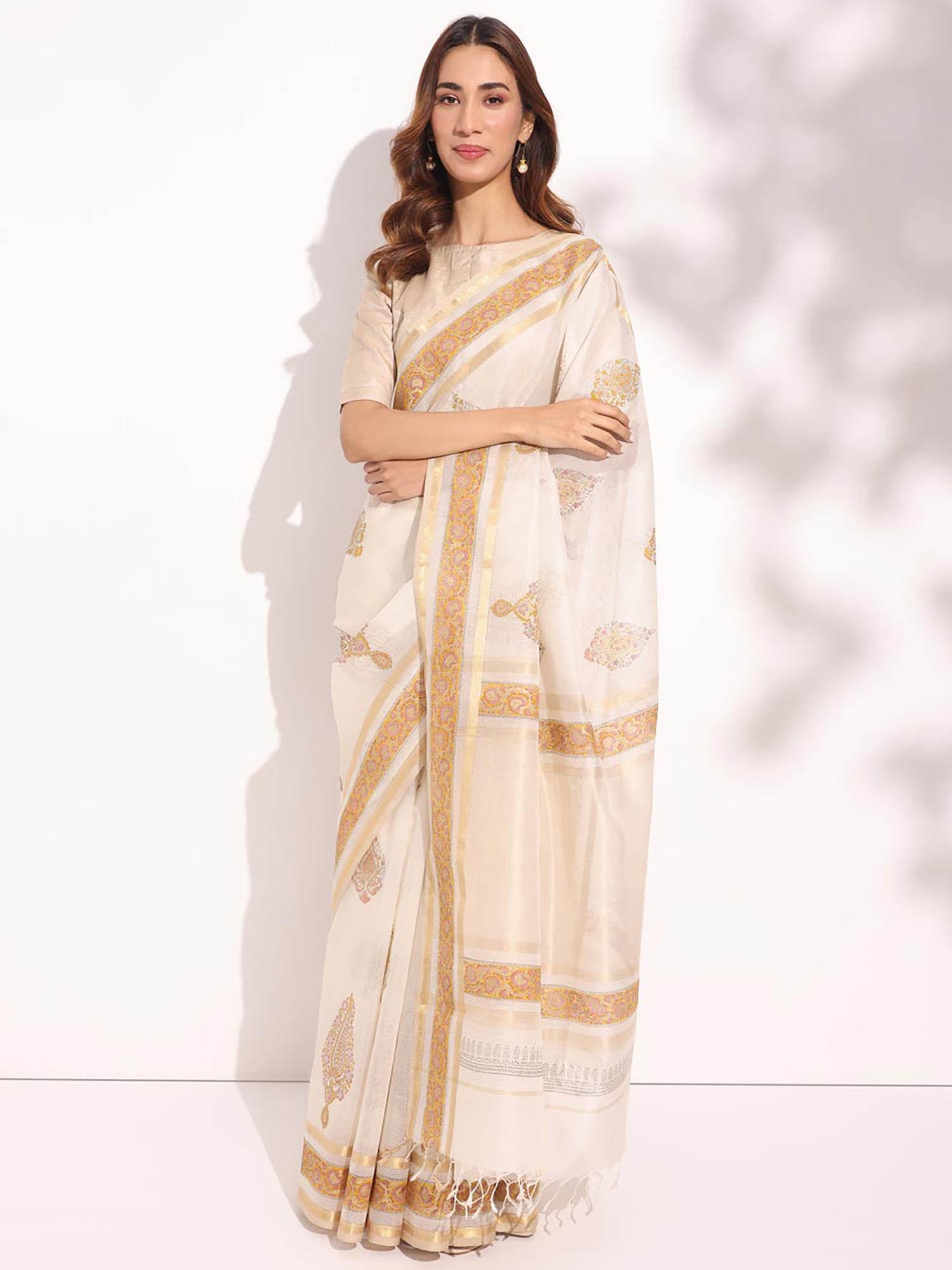 natural cotton silk blend hand block printed saree without blouse