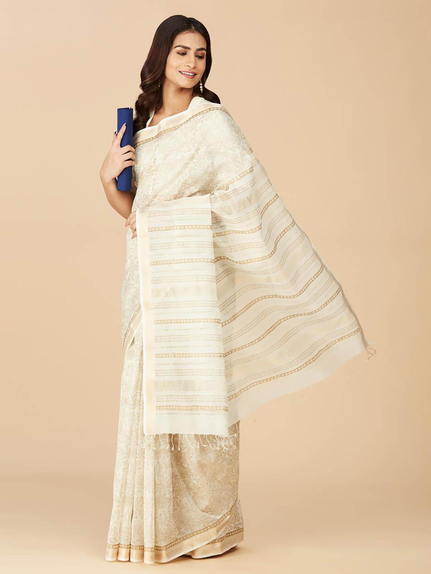 natural cotton silk hand block printed saree without blouse