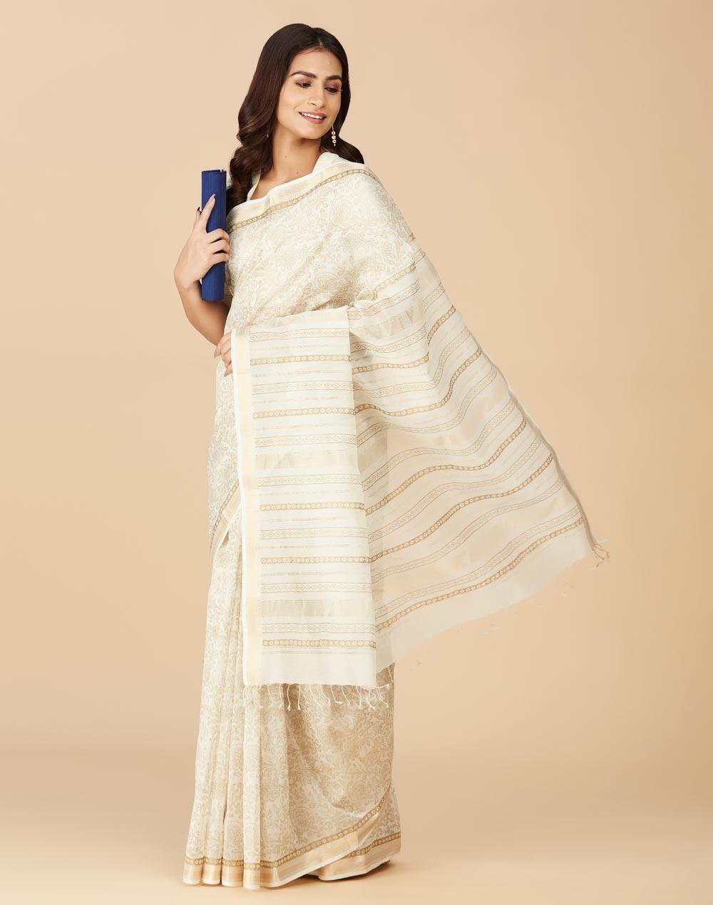 natural cotton silk hand block printed sari