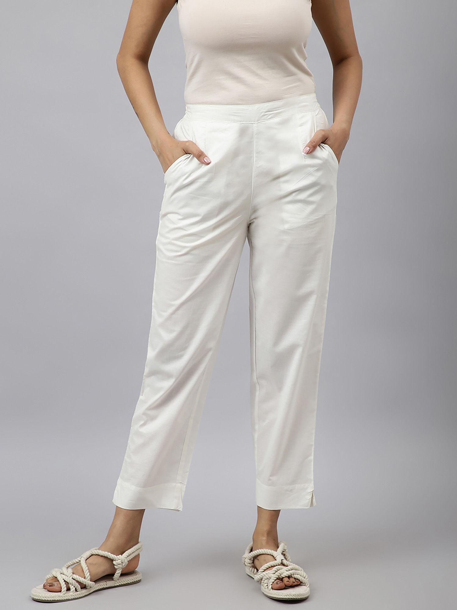 natural off white cotton ankle length casual pant