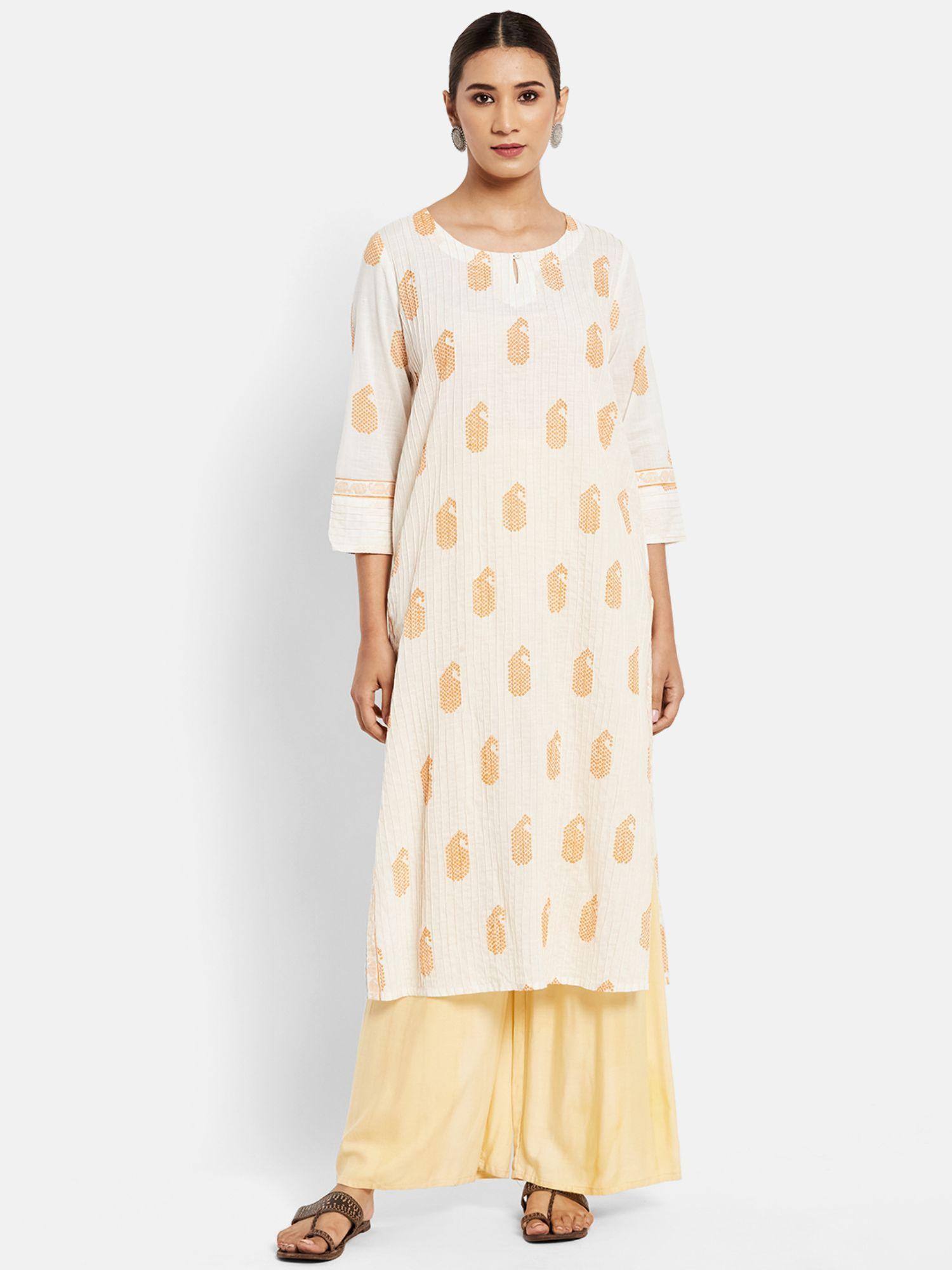 natural-orange cotton printed long kurta